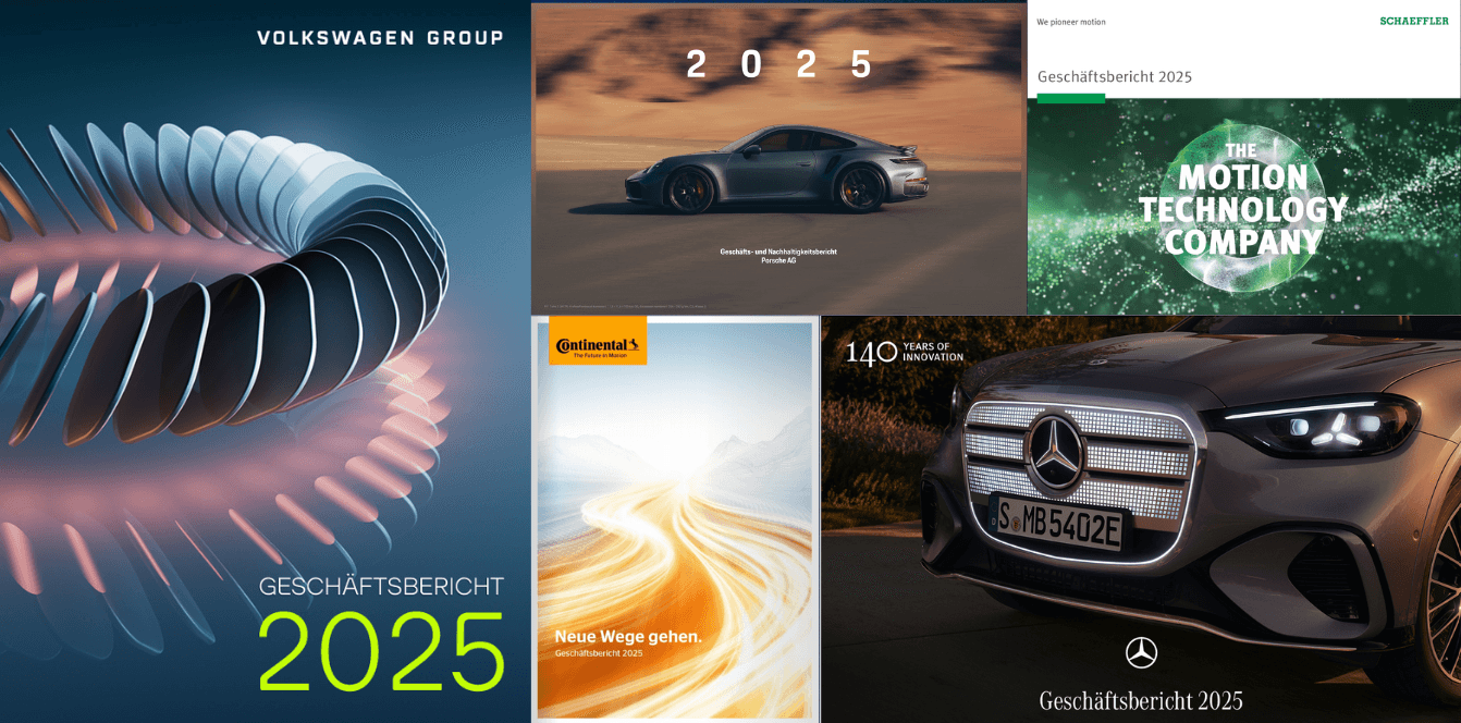 Cover-Collage der Nachhaltigkeitsberichte 2025 von VW, Porsche, Continental, Mercedes-Benz und Schaeffler, Symbolbild für CSRD-Berichterstattung in der Automobilindustrie